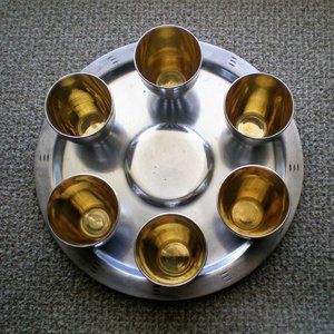 Russian Silver Plated Melchior 6 Kiddush Vodka Shot Glasses 1 Tray Platter Set